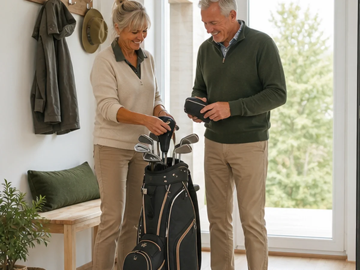 Paar mit Golfausrüstung in einer Freizeitwohnung